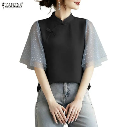 ZANZEA Woman Elegant Blouses Vintage Mandarin Collar Polka Dot Mesh Patchwork Half Sleeve Tops Summer Casual Blusas de Mujer