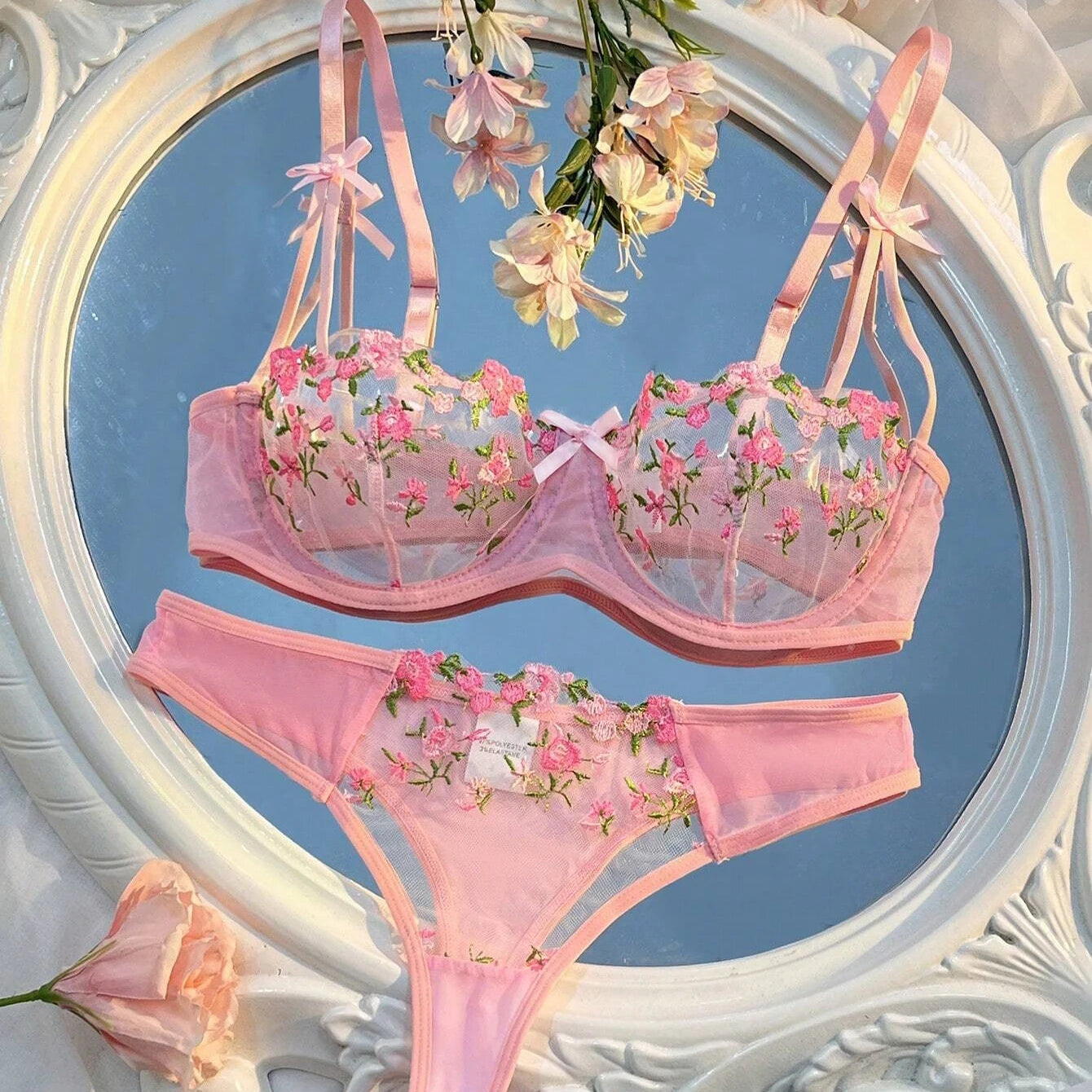 Sweety Women Floral Embroidery Bra And Briefs Set Hollow Sleepwear Underwear Ultrathin Lace Transparent Babydoll Cute No-pad Bow