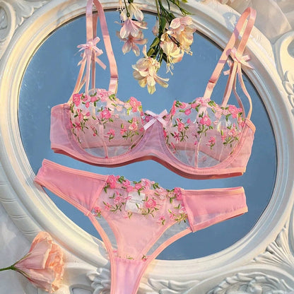 Sweety Women Floral Embroidery Bra And Briefs Set Hollow Sleepwear Underwear Ultrathin Lace Transparent Babydoll Cute No-pad Bow