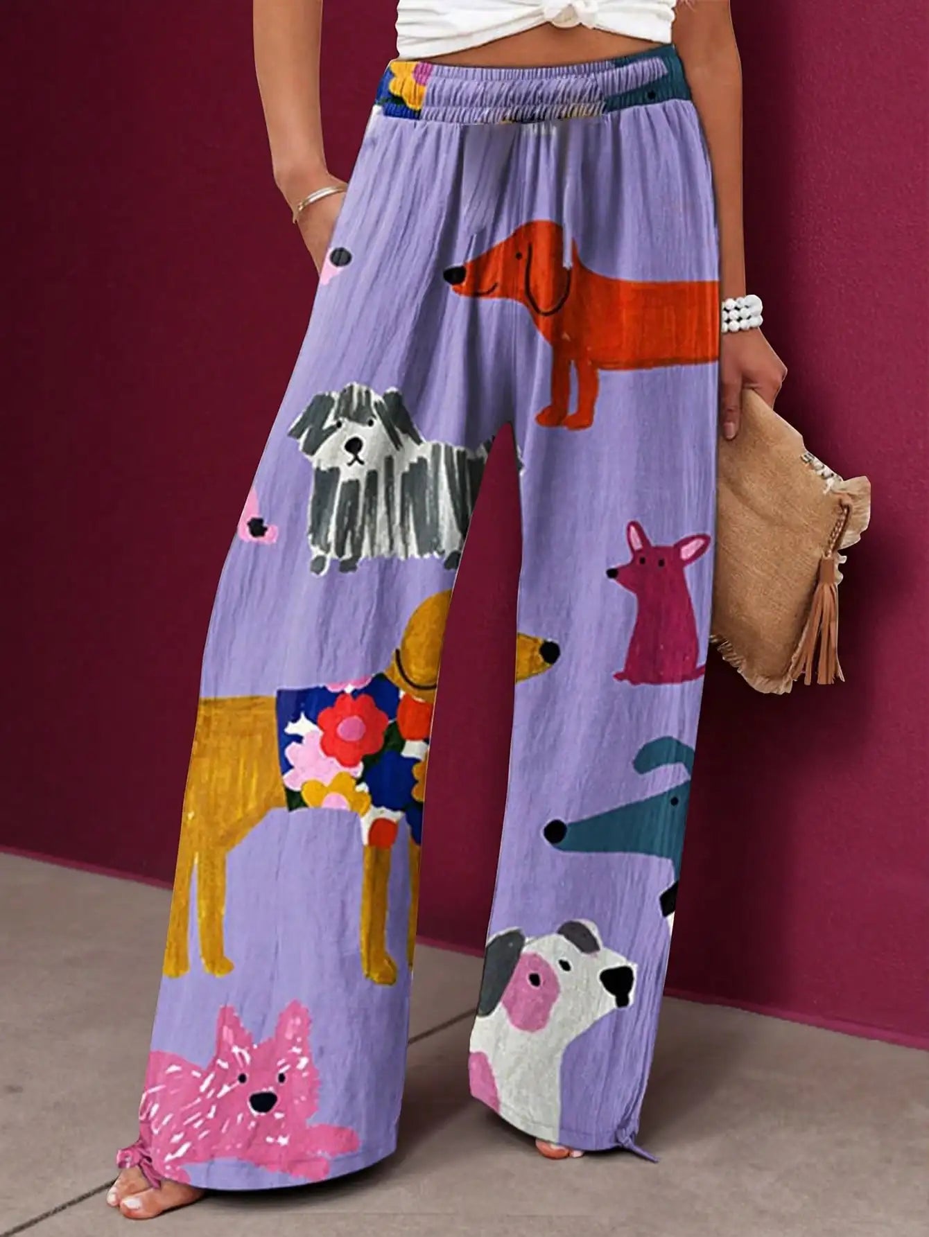 2025 Women's New Floral Print Loose Pants Casual Elastic Waist Wide Leg Straight Trousers Drawstring Design Relaxed-Fit Pants