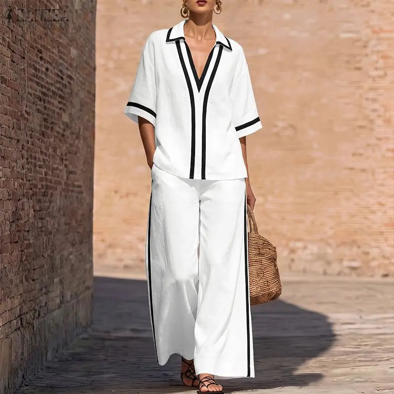 ZANZEA Patchwork 2 Pieces Sets OL Style Fashion Women Pants Sets Turn Down Collar Half Sleeve Shirt Trousers Suit Casual Outfits