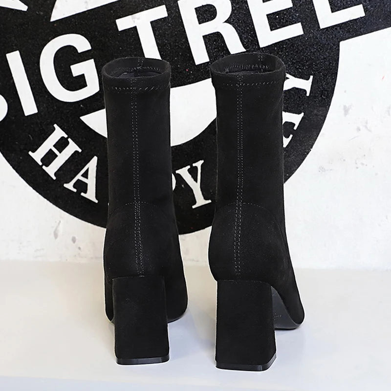 BIGTREE Shoes High Heel Boots Suede Women Ankle Boots Pointed Toe Socks Boots Thick Heel Women Shoes Warm Winter Boots Size 43