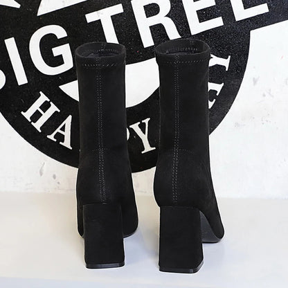 BIGTREE Shoes High Heel Boots Suede Women Ankle Boots Pointed Toe Socks Boots Thick Heel Women Shoes Warm Winter Boots Size 43
