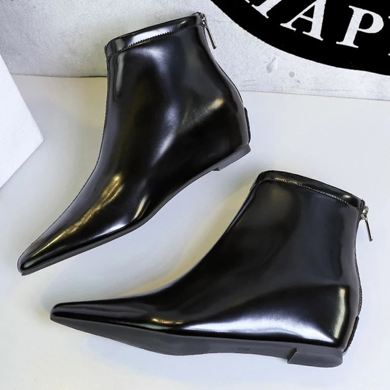 BIGTREE Shoes Patent Leather Short Boots Women Wedges Shoes Rear Zipper Short Leather Boots Low Heeled Women's Ankle Boots New