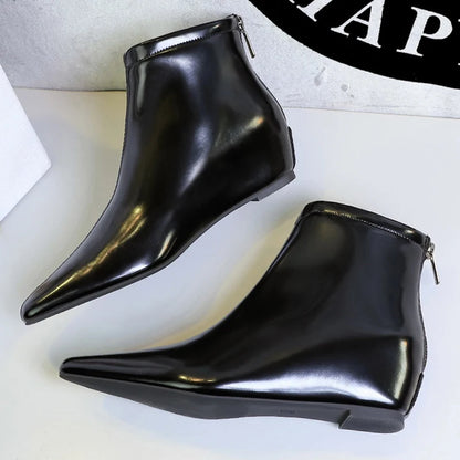 BIGTREE Shoes Patent Leather Short Boots Women Wedges Shoes Rear Zipper Short Leather Boots Low Heeled Women's Ankle Boots New