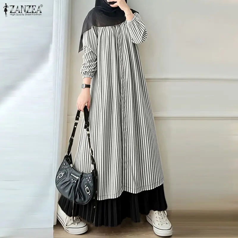 ZANZEA Modest Stripe Patchwork Muslim Abaya Dress Hijab Robe Femme Fashion Women Long Sleeve Pleated Sundress Casual Kaftan 2026