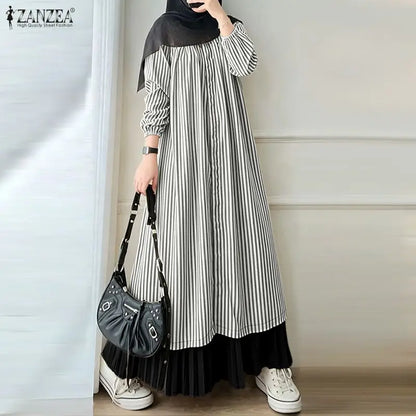 ZANZEA Modest Stripe Patchwork Muslim Abaya Dress Hijab Robe Femme Fashion Women Long Sleeve Pleated Sundress Casual Kaftan 2026