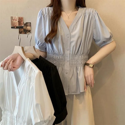 Elastic waist cinching and slimming summer shirt, women's short sleeved solid color top, new minimalist V-neck French style top