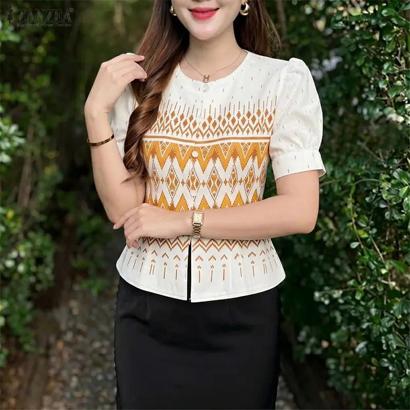 ZANZEA Elegant Ethnic Style Printing Blouses Woman Short Puff Sleeve Button Up O-Neck Shirts Summer Fitted Waist Blusas de Mujer