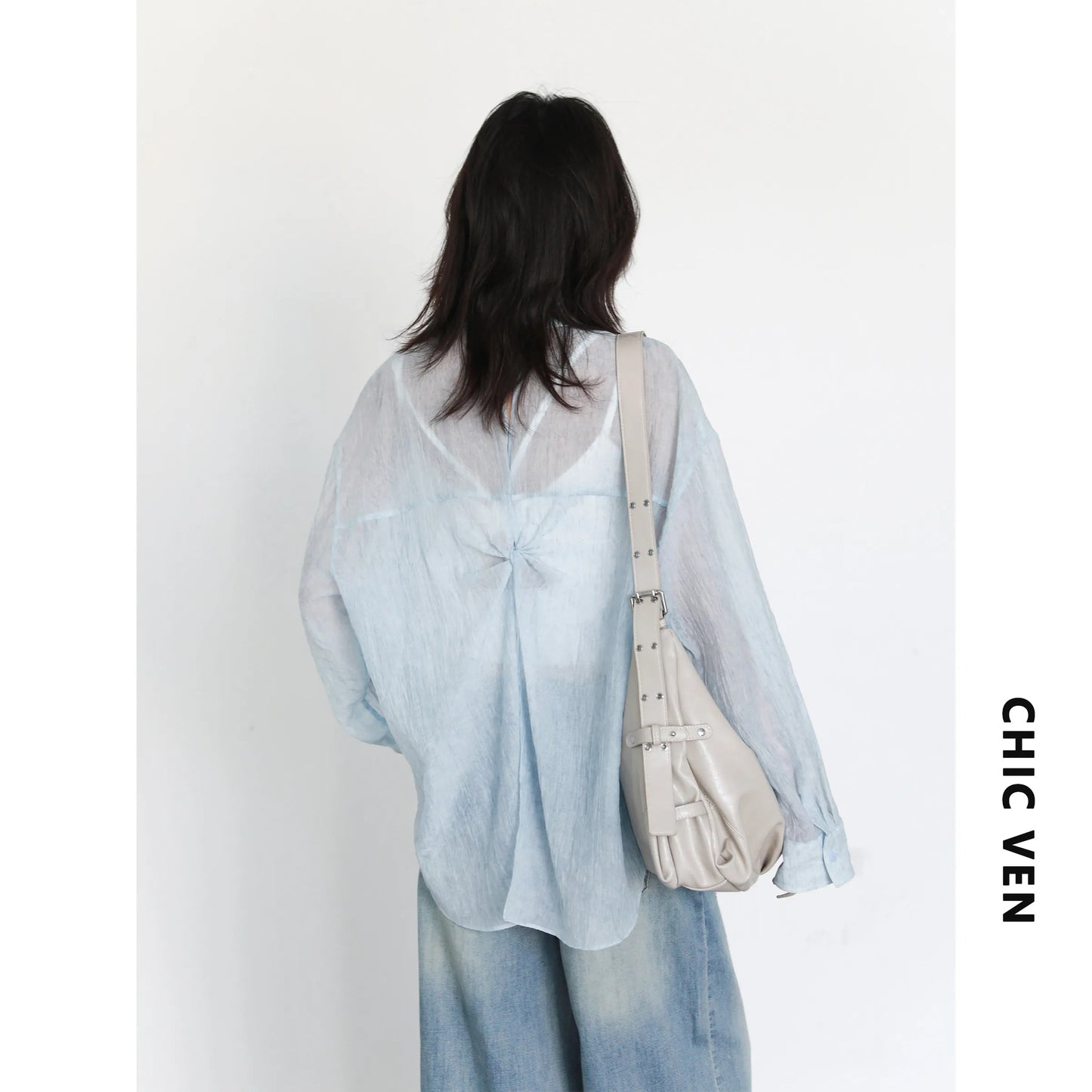 CHIC VEN New Women Summer Shirt Solid Loose Casual Single Breasted Back Slit Long Sleeved Blouses Oversized T-shirt 2026