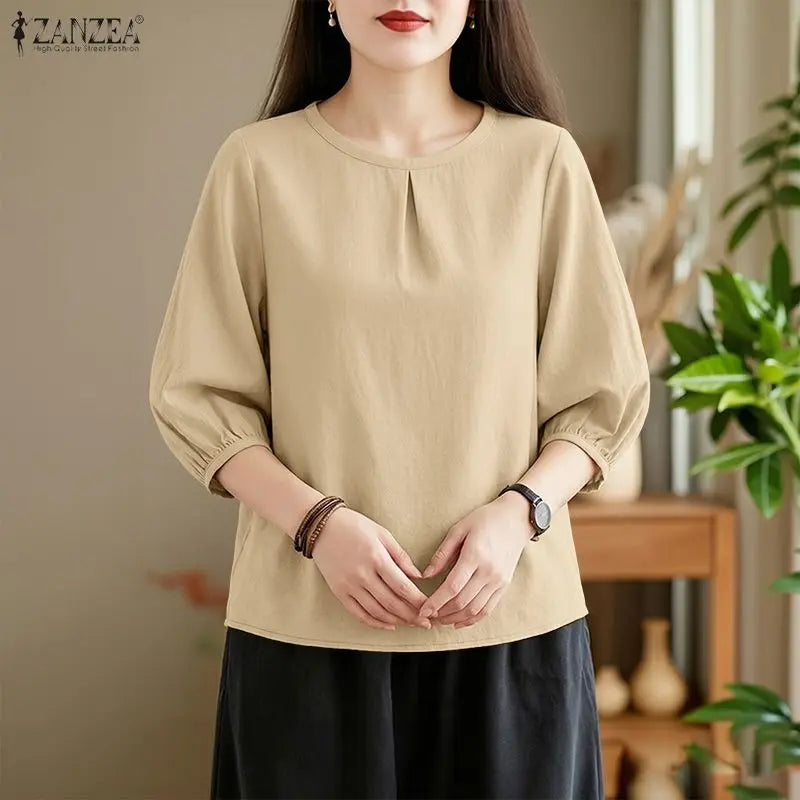 ZANZEA Summer 2026 Pleats Detailing Blouses Women O-Neck 3/4 Puff Sleeve Solid Color Tops Daily Casual Plain Blusas de Mujer