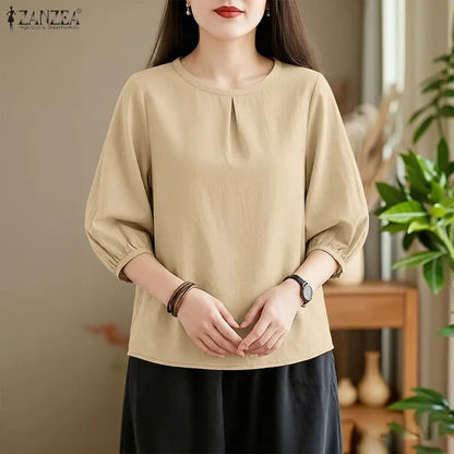 ZANZEA Summer 2026 Pleats Detailing Blouses Women O-Neck 3/4 Puff Sleeve Solid Color Tops Daily Casual Plain Blusas de Mujer