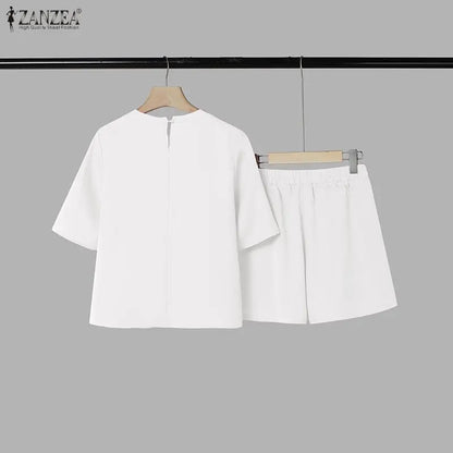 ZANZEA Women Casual 2 Pieces Sets O-Neck Half Sleeve Lace Patchwork Blouse & Elastic Waist Shorts Solid Color Loose Suits Outfit