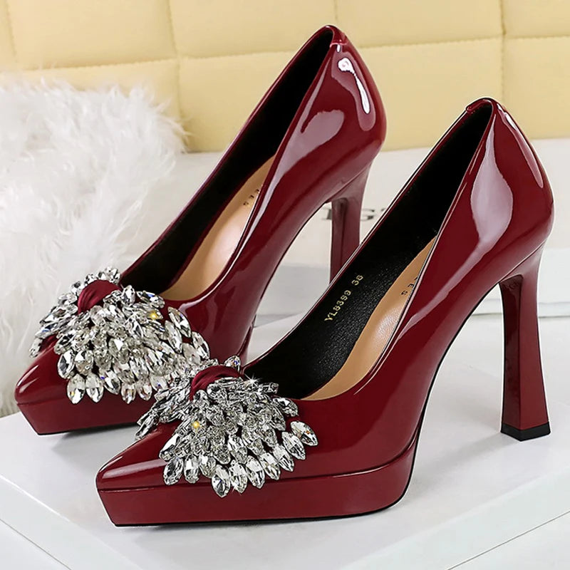 BIGTREE Shoes Platform Heels Women Pumps Rhinestone Bow High Heels 12 CM Patent Leather Woman Heels Luxury Sexy Party Shoes Lady