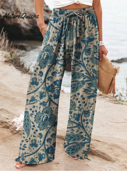 Women's New High Waist Loose Casual Wide Leg Print Pants Summer Beach EU US Style Comfy Flowy Trousers