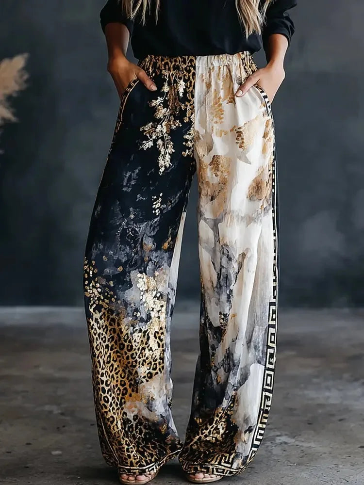 Women Color Block Leopard Print Wide Leg Pants Autum Elastic High Waist Loose Palazzo Trousers Casual Streetwear Holiday Pants