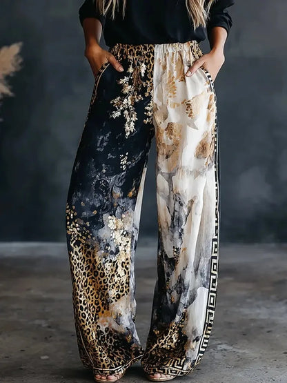 Women Color Block Leopard Print Wide Leg Pants Autum Elastic High Waist Loose Palazzo Trousers Casual Streetwear Holiday Pants