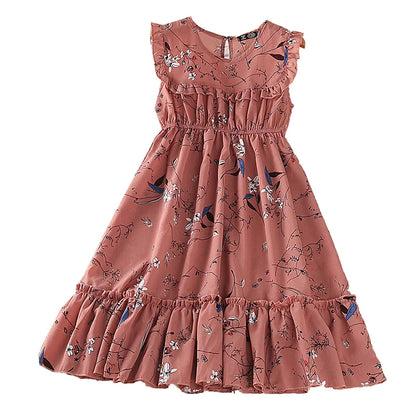 Summer Girl next Door Dress round Neck Sleeveless Floral Print Ruffled Hem Knee Length Skirt Sweet Cute Everyday Vacations