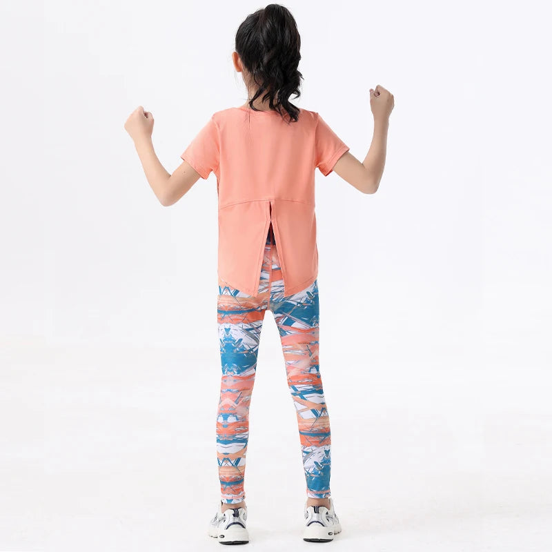 2pcs Kids Sportswear Gym Yoga Clothes Quick-Drying Top Base Skinny Shark Pants Summer Set Girls Active Wear Fitness Outfit