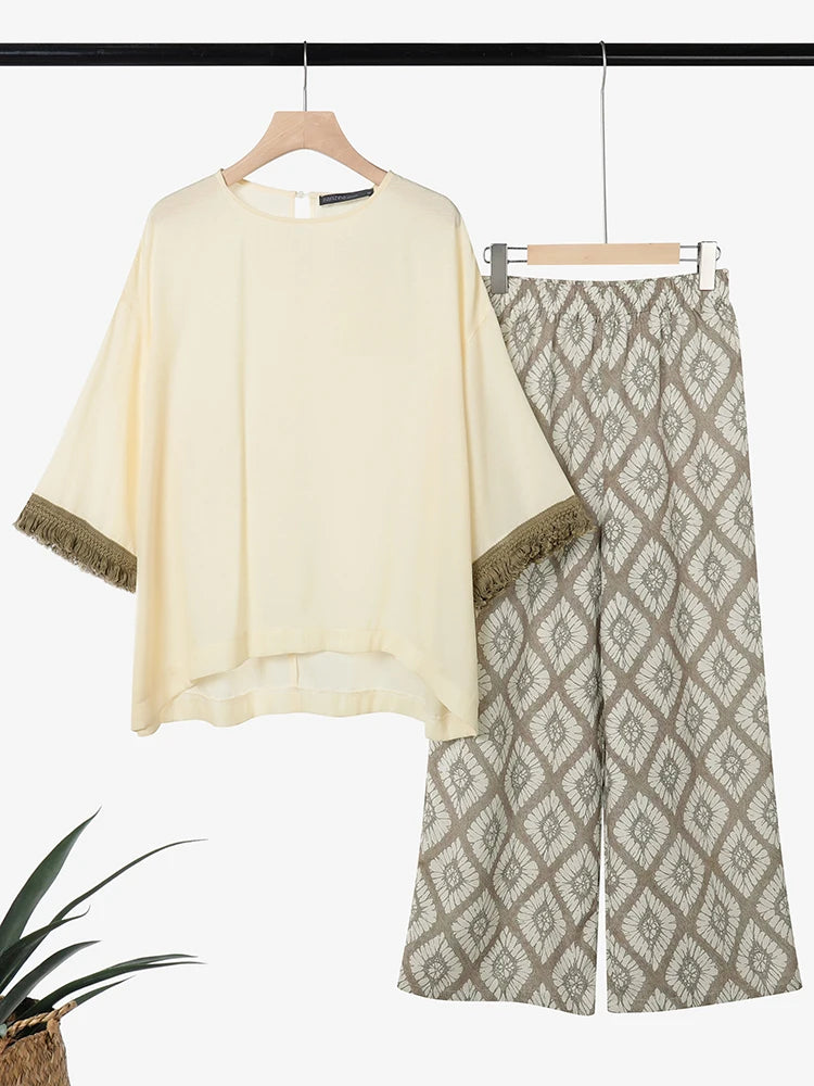 ZANZEA Spring 2 Pieces Sets Bohemain Tracksuit 2026 Women Stylish Printed Pant Sets 3/4 Sleeve Blouse Trousers Holiday Outfits