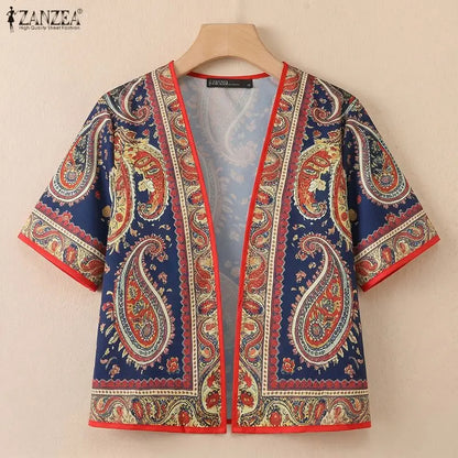 ZANZEA 2026 Summer Paisley Print Short Cardigans Women Open-Front Short Sleeve Shirts Vacation Casual Beach Cover-Up Tops