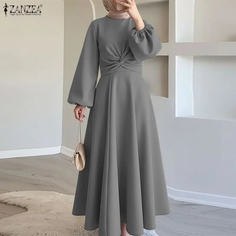 ZANZEA Elegant Muslim Abaya Dresses Ramadan Robe Stylish Women Long Lantern Sleeve Pleated Sundress Kaftan Solid Maxi Long Dress