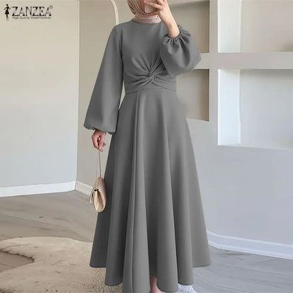 ZANZEA Elegant Muslim Abaya Dresses Ramadan Robe Stylish Women Long Lantern Sleeve Pleated Sundress Kaftan Solid Maxi Long Dress