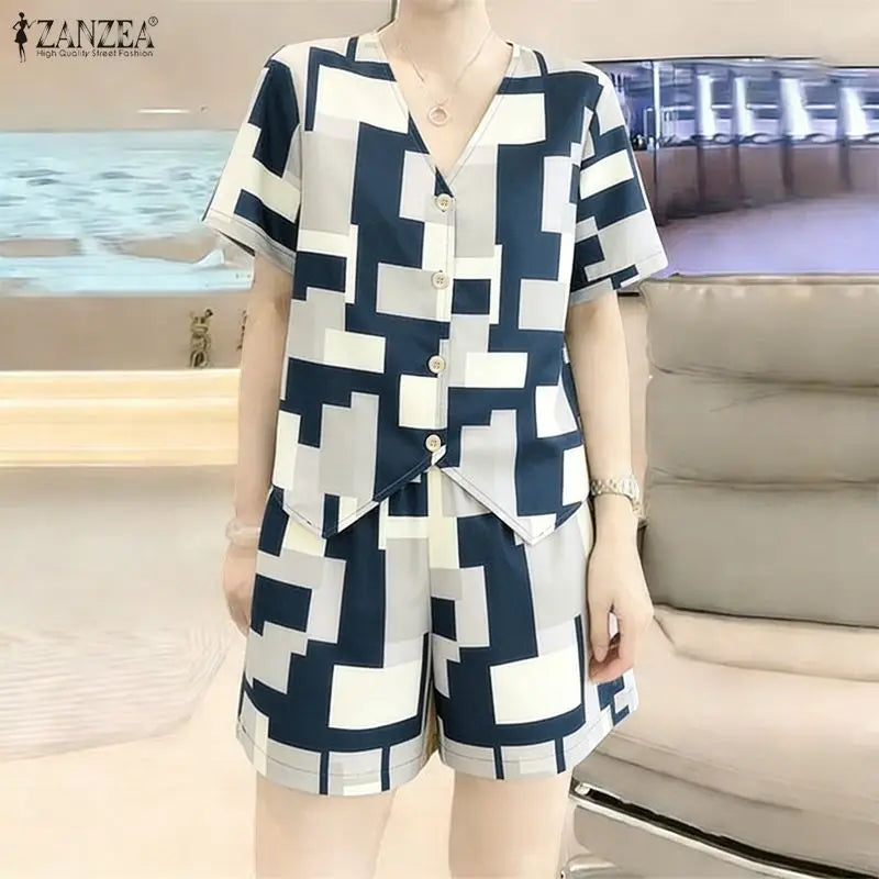 Fashion Summer 2 Pieces Sets 2026 ZANZEA Printed Tracksuit Women V Neck Short Sleeve Blouse Short Sets Casual Holiday Outfits