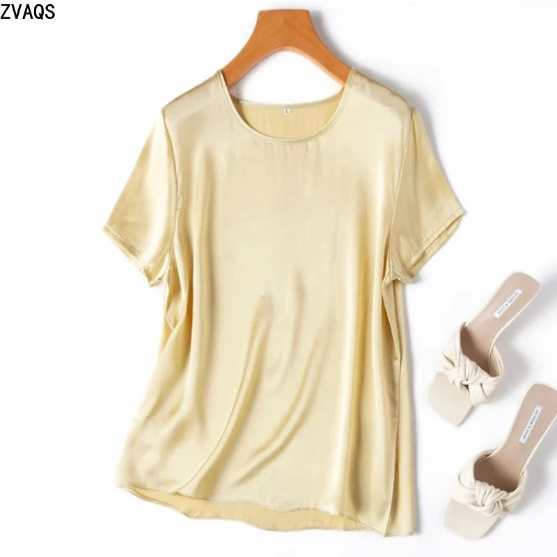 ZVAQS 100% Mulberry Silk T Shirts Woman Elegant Satin T Shirt 27 Colors High Quality Silk Summer Tops 2025 Women Clothing Топ