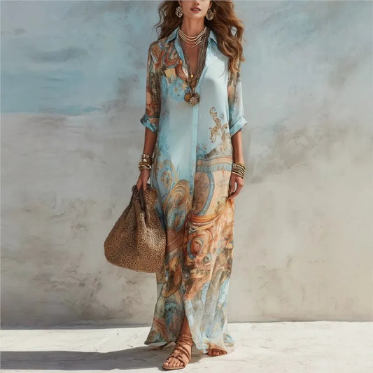 Boho Floral Print Shirt Dresses Women Turn-down Collar Single-breasted Loose Long Dress Summer Casual Beach Vacation Flowy Dress