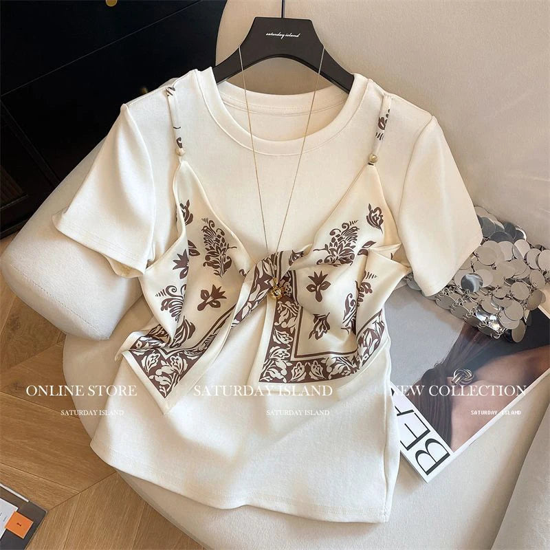 Summer Fake Two Piece Women O Neck Short Sleeve T Shirts Chic Silk Scarf Camisole Top Fashion All-match 2xl Oversized Clothing