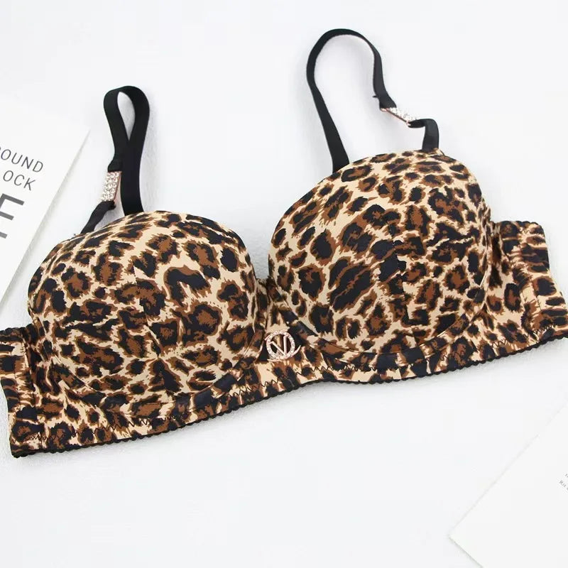 Sexy Thick Lingerie Set Leopard Print Upper Thin Lower Thick Bra Set  Sexy Push-Up Bra Set