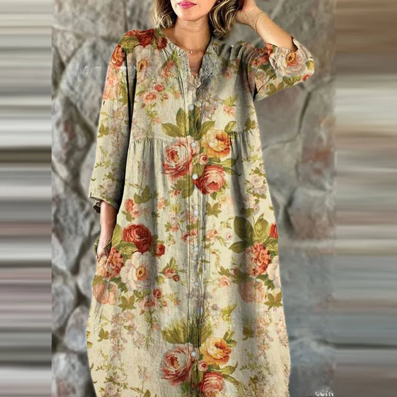 Bohemian Loose Single Breasted Dress Women's Casual O-neck Pocket Commuting Dress Spring Summer Floral Print Long Sleeved Dress