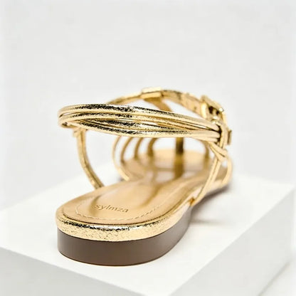 Luxury Gold Flat Sandals Women Summer Hollow Design Gladiator Sandals Comfortable Ankle Strap Casual Beach Shoes Mules Sandalias