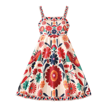 Girls 8-12 Vibrant Floral Dress, Front Spaghetti Straps Square Neck A-Line Skirt/Back Smocked Waist, Casual Kids Dress