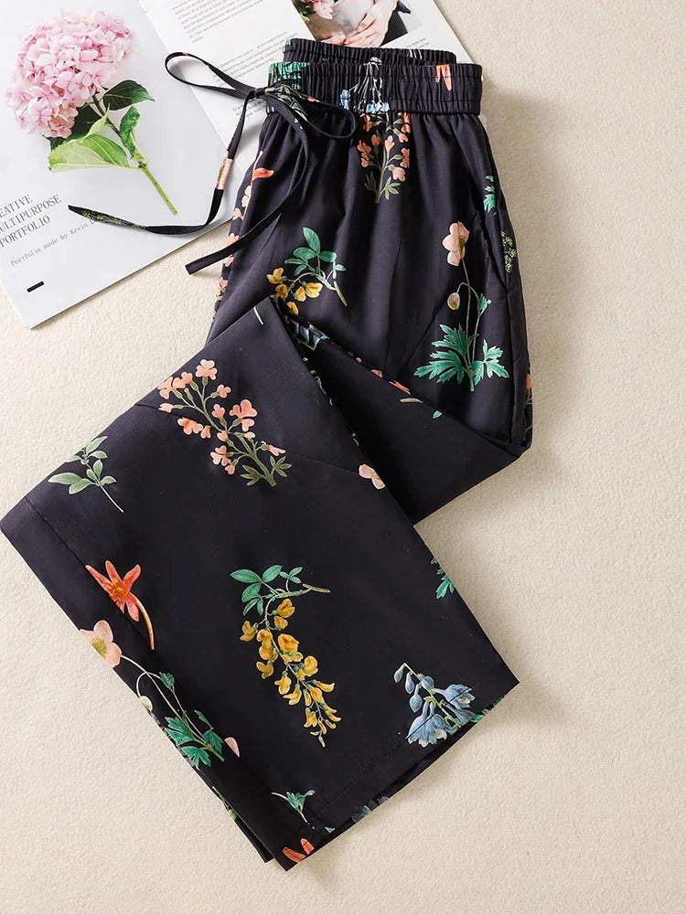 High Waist Wide Leg Printed Casual Pants Summer Thin Large Size Versatile Loose Fit Nine Points Pants Ladies Casual Trousers