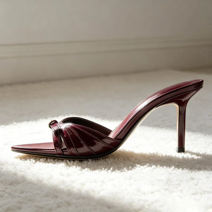 Fashion Metal Buckle Detail Mule Sandals Women Burgundy Patent Leather Stiletto Slide Sandals Sexy Open-toe Pointed-toe Heels