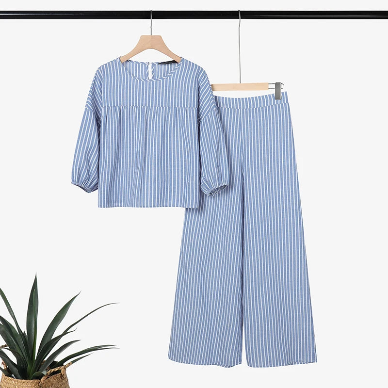 2026 ZANZEA Summer Pant Sets Women Striped Tracksuit 2 Piece Sets Short Sleeve Blouse Wide Leg Trousers Elegat OL Work Tracksuit