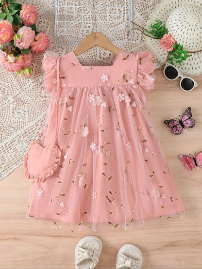 Baby girl flower embroidered mesh dress with bow tie and strap design, suitable for spring and summer when paired with a bag