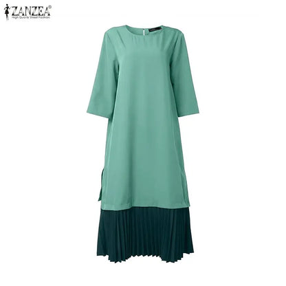 Women Patchwork Muslim Abaya Dress ZANZEA Summer Maxi Long Dress Ramadan Robe Fashion O Neck Long Sleeve Pleated Sundress Kaftan