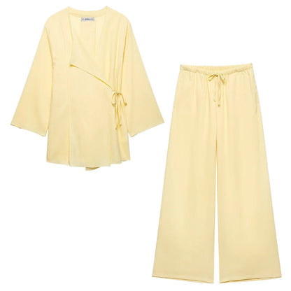 HH 2025 Spring Women Fashion Linen Suits New Solid Cardigan Kimono Top + Versatile Outerwear Female Wide Leg Long Pant