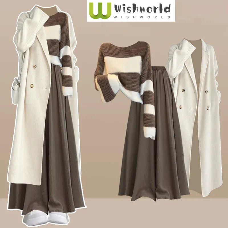Fashion Women's Set Spring and Autumn Korean Edition Long Top Knitted Sweater+Casual Skirt Pants 3-Piece Set