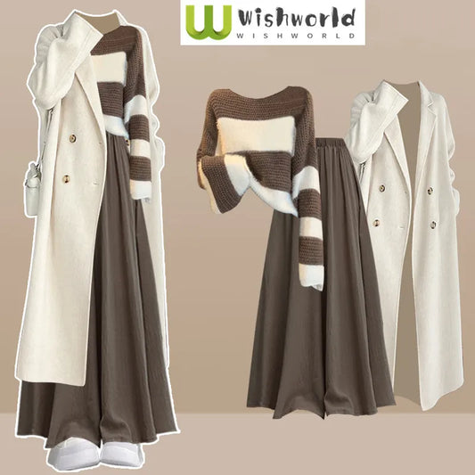 Fashion Women's Set Spring and Autumn Korean Edition Long Top Knitted Sweater+Casual Skirt Pants 3-Piece Set