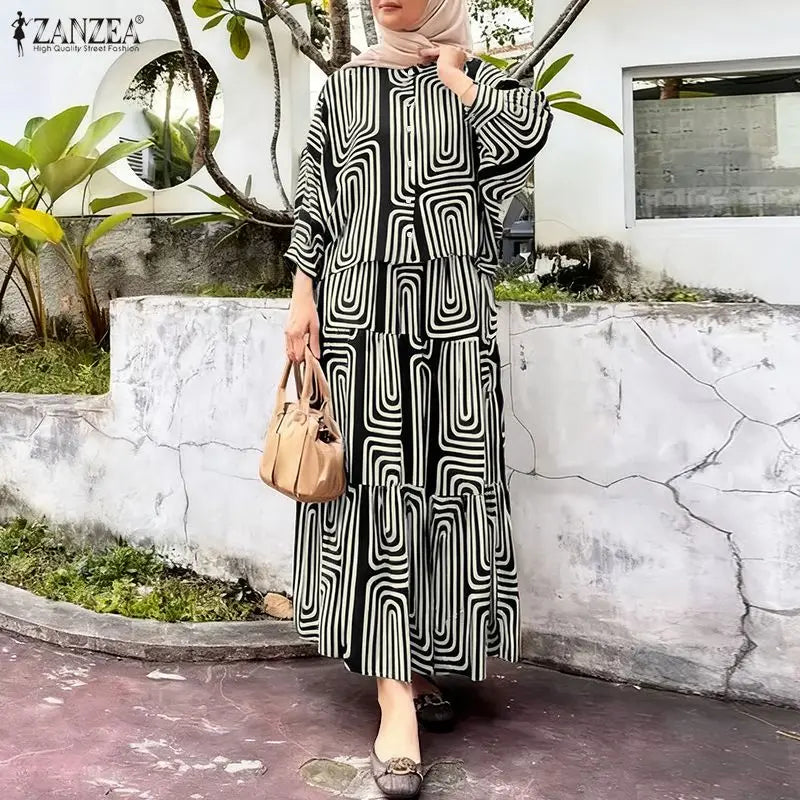2026 ZANZEA Fashion Muslim Suit Outfits Autumn 2 Piece Sets Spring Long Sleeve Shirt Dress Skirts Women Printed Matching Sets