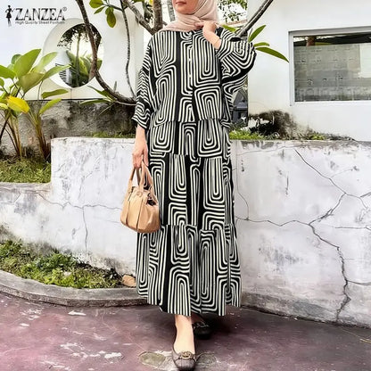 2026 ZANZEA Fashion Muslim Suit Outfits Autumn 2 Piece Sets Spring Long Sleeve Shirt Dress Skirts Women Printed Matching Sets