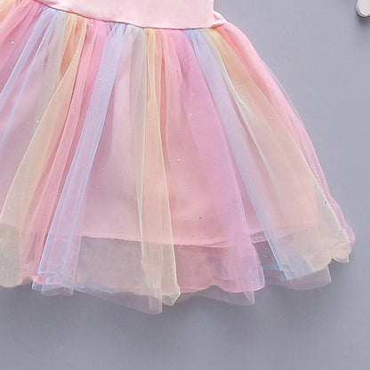Kids Clothes Summer New Girls Dress Short sleeves Rainbow Princess Dress For Children Baby Cute Birthday Party Clothing 2-8Y