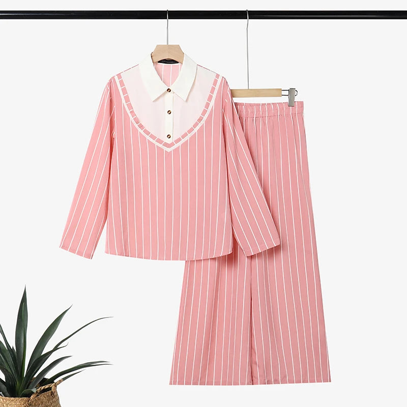 ZANZEA Women Muslim Sets 3/4 Sleeve Stripe Patchwork Turn Down Collar Blouse Elastic Waist Wide Leg Pants Office Wear 2 Pieces