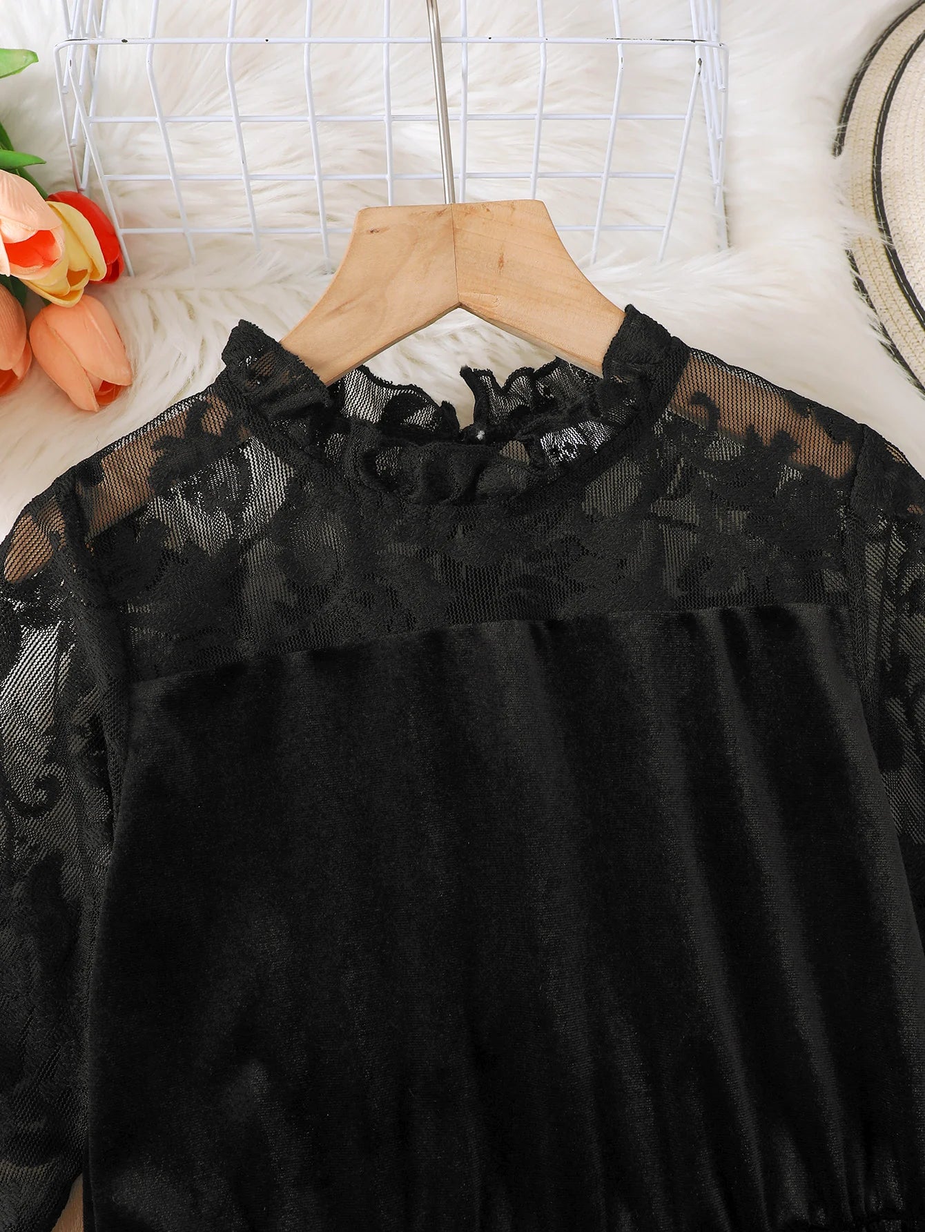 Girls Velvet Lace Outfit Long Sleeve Dress Black One-Piece Outdoor Party Holiday Suitable Autumn Winter Children's Clothing