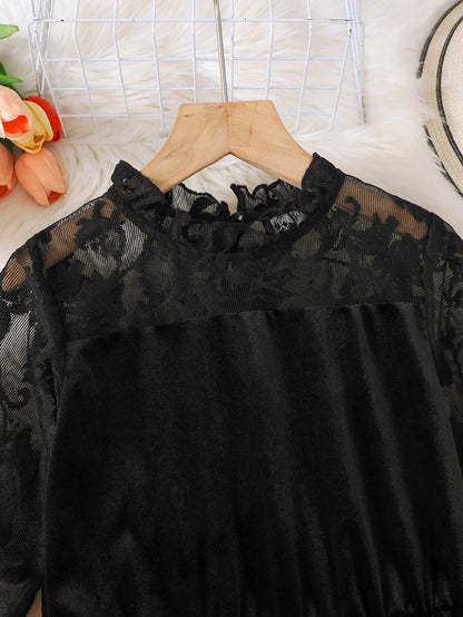 Girls Velvet Lace Outfit Long Sleeve Dress Black One-Piece Outdoor Party Holiday Suitable Autumn Winter Children's Clothing