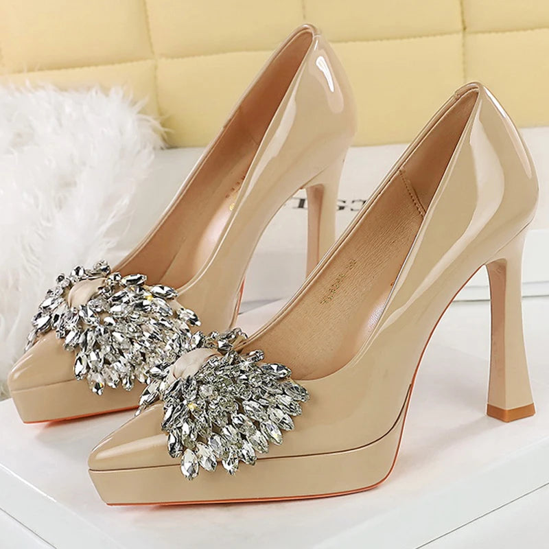 BIGTREE Shoes Platform Heels Women Pumps Rhinestone Bow High Heels 12 CM Patent Leather Woman Heels Luxury Sexy Party Shoes Lady